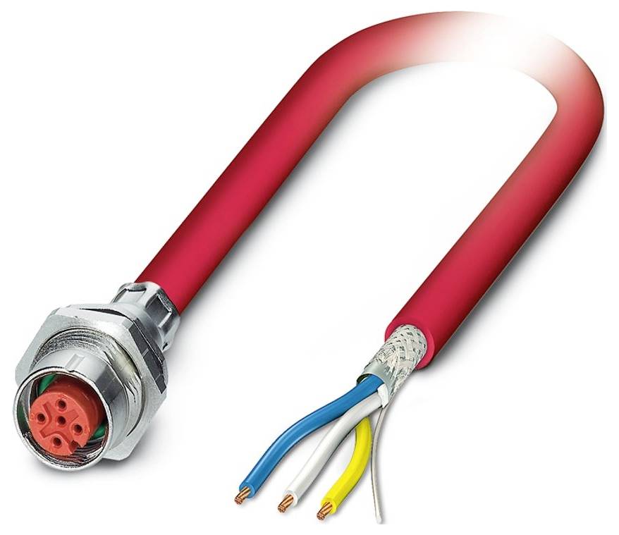 En rød, U-formet elektrisk kabel med fire blottede ledninger i den ene ende og en cirkulær stik i den anden ende, brugt til industrielle forbindelser.