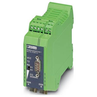 En grøn Phoenix Contact PSI-MOS-RS232/FO konvertermodul med terminalforbindelser og en RS-232-port på forsiden, designet til dataSignal- og fejlbehandling.