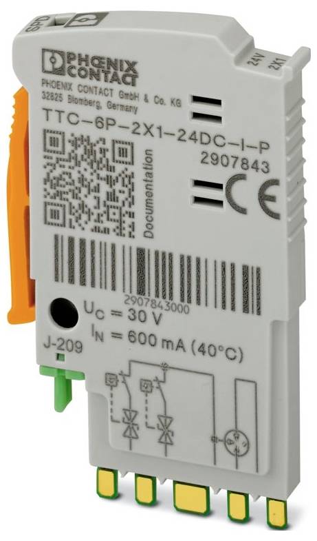 Grå elektronisk modul med tekst 'Phoenix Contact', viser QR-kode og specifikationer: 'TTC-6P-2X1-24DC-I-P, Uc=30V, In=600mA'.