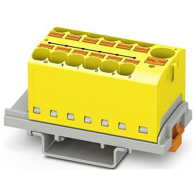 En gul terminalblok med otte nummererede åbninger til elektriske forbindelser, monteret på en grå base med en orange håndtag til fastgøring af ledninger.