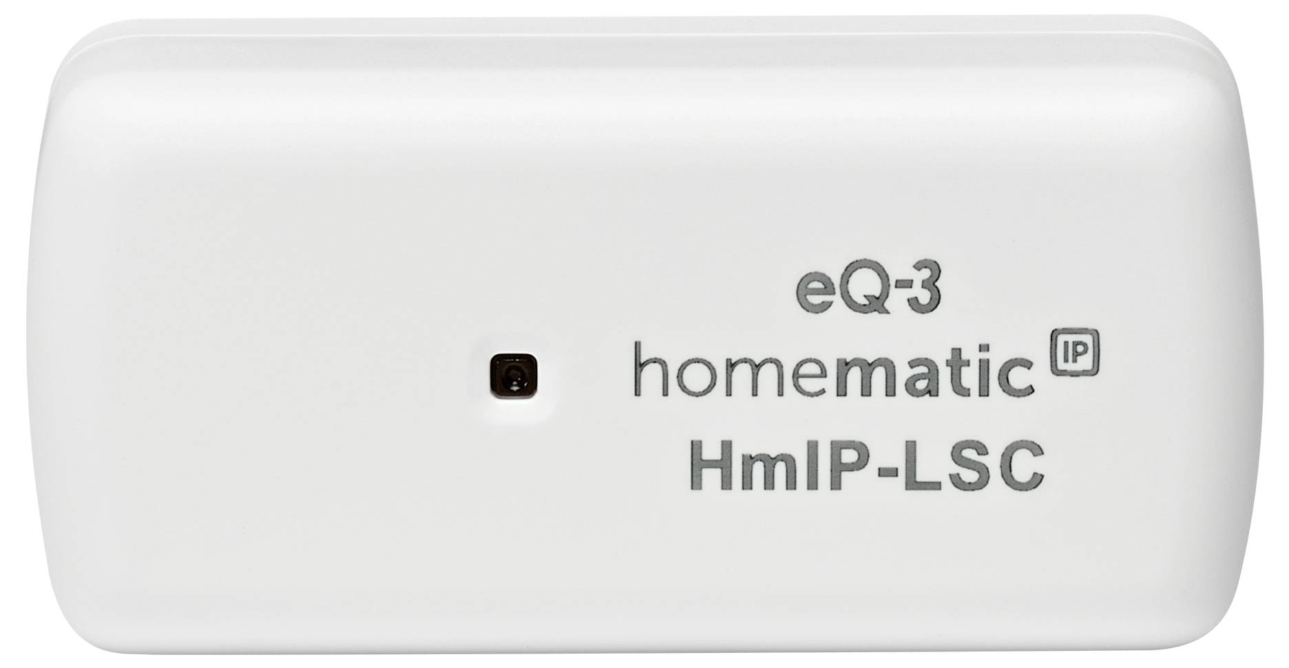 Rektangulær hvid smart home-enhed mærket 'homematic IP HmIP-LSC' med en lille sort sensor i midten.