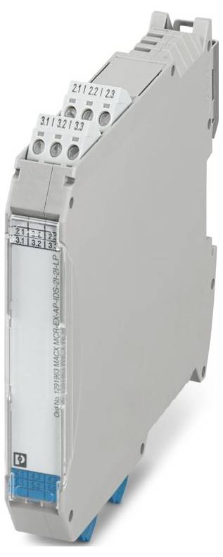 Etiketprinter med digitalt display, der viser "Klar"; mærket Phoenix Contact, model Thermomark E.600, med hvide og blågrønne accenter.