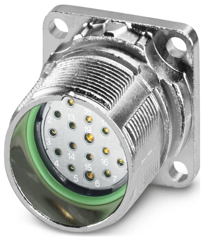 En metalkrutkontakt med flere guldstifter indvendigt, monteret på en firkantet flange.