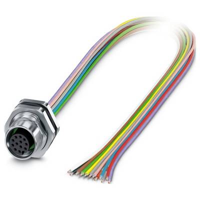 En multi-pin cirkulær stik med tilsluttede regnbuefarvet ledninger, brugt til at forbinde elektroniske komponenter.