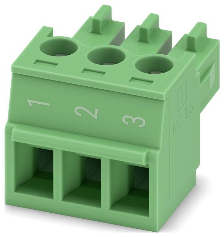 En grøn tre-pins stikforbindelsesblok mærket '1', '2' og '3', brugt til elektriske forbindelser, som viser front- og sidevisningen.