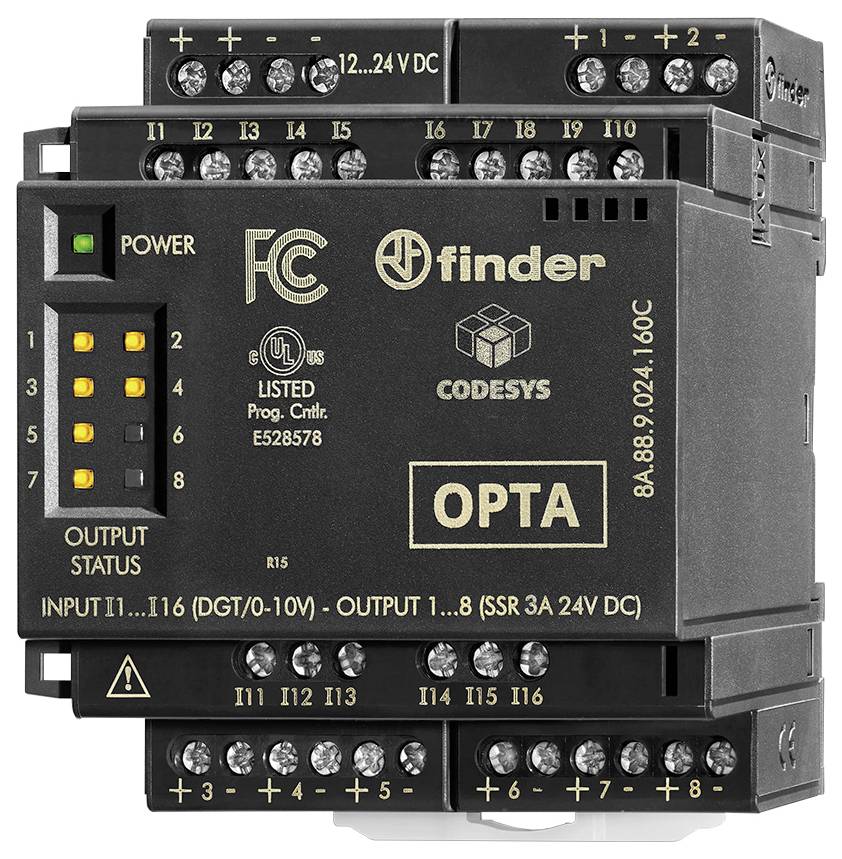 'Finder OPTA programmerbar logisk styreenhed med flere ind- og udgangsterminaler, LED-indikatorer for strøm og outputstatus, egnet til 12-24V DC.'