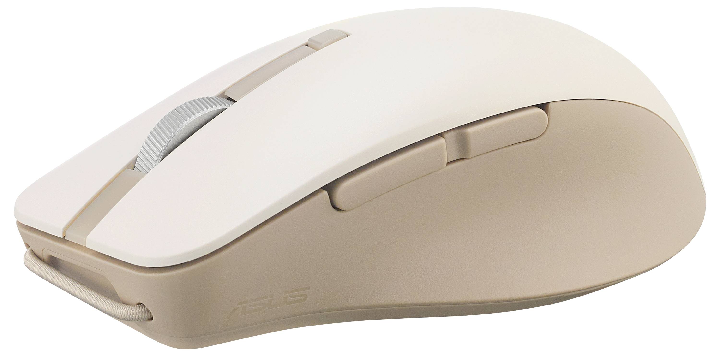 En beige trådløs computermuse med et scrollhjul og to sideknapper, designet til ergonomisk brug.