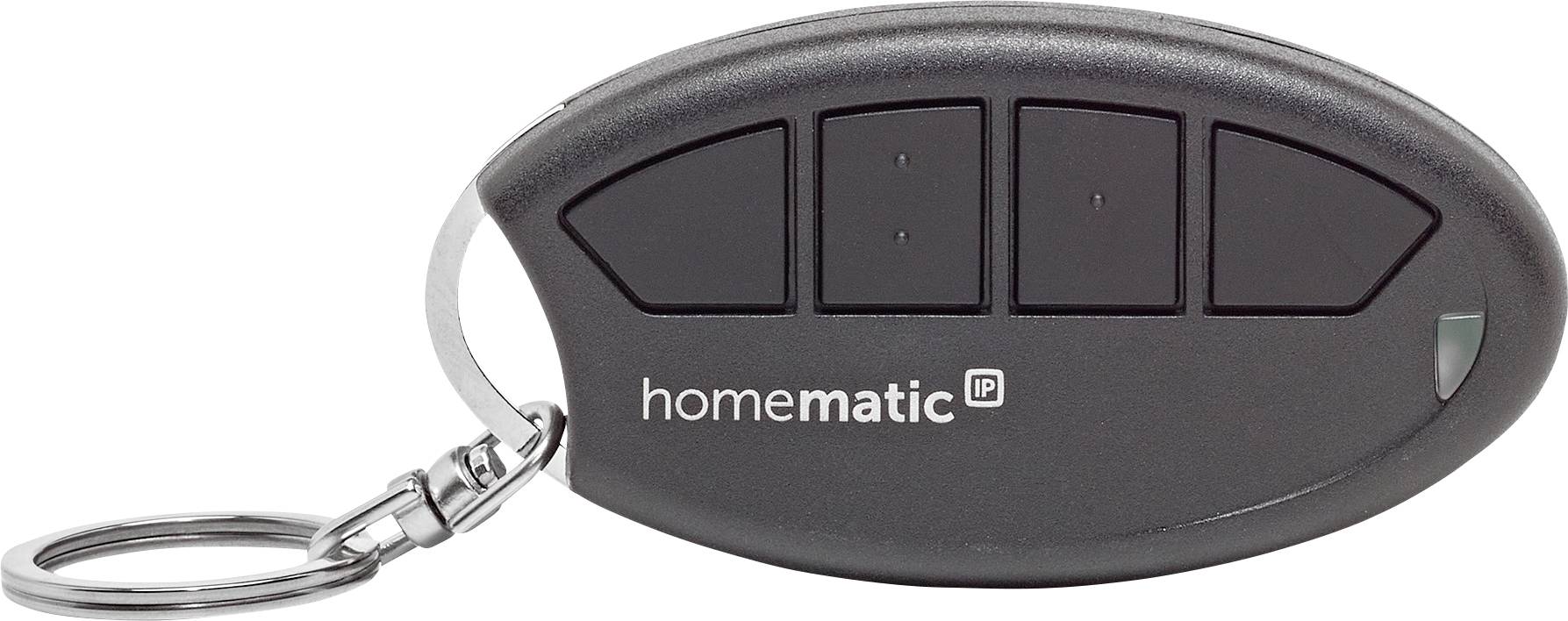 En sort fjernbetjening på en nøglering mærket 'homematic IP' med fire knapper til styring af smarte enheder, forsynet med en metalløkke til fastgørelse.
