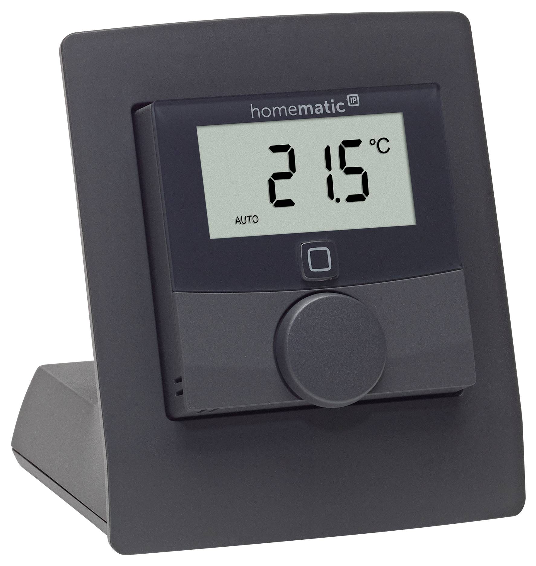 Termostats display, der viser 21,5°C med en 'Auto' indstilling, monteret på en mørk holder.