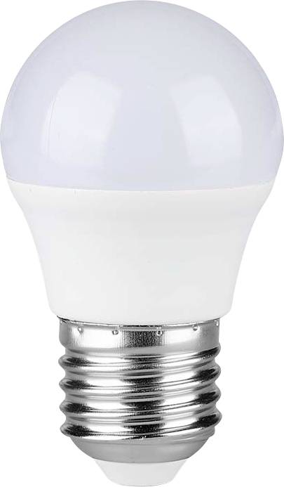 En standard hvid LED-pære med en matteret kupel og metalgevindbase, egnet til energieffektiv belysning.