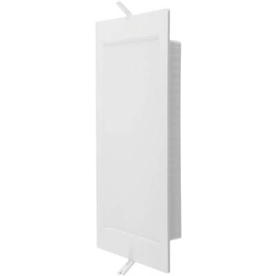 Et rektangulært, hvidt ventilationsgitter med vandrette lameller er vist. Det har to låsehåndtag i toppen og bunden for nem installation.