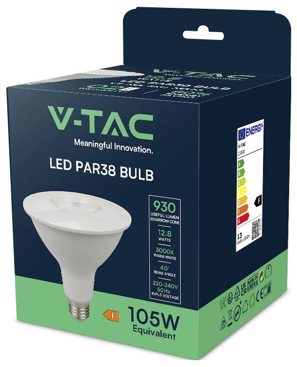 Billedet viser emballage til en V-TAC LED PAR38-pære, mærket '105W Tilsvarende', med fremhævede energieffektivitetsoplysninger og specifikationer.