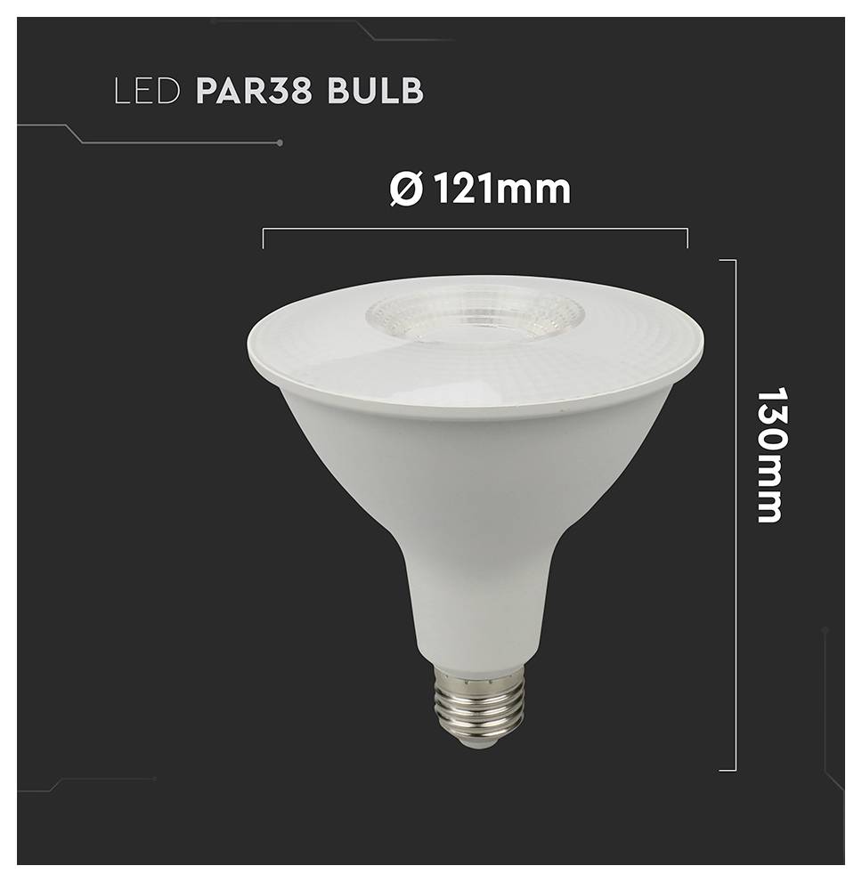LED PAR38 pære med dimensioner: 121 mm diameter, 130 mm højde.