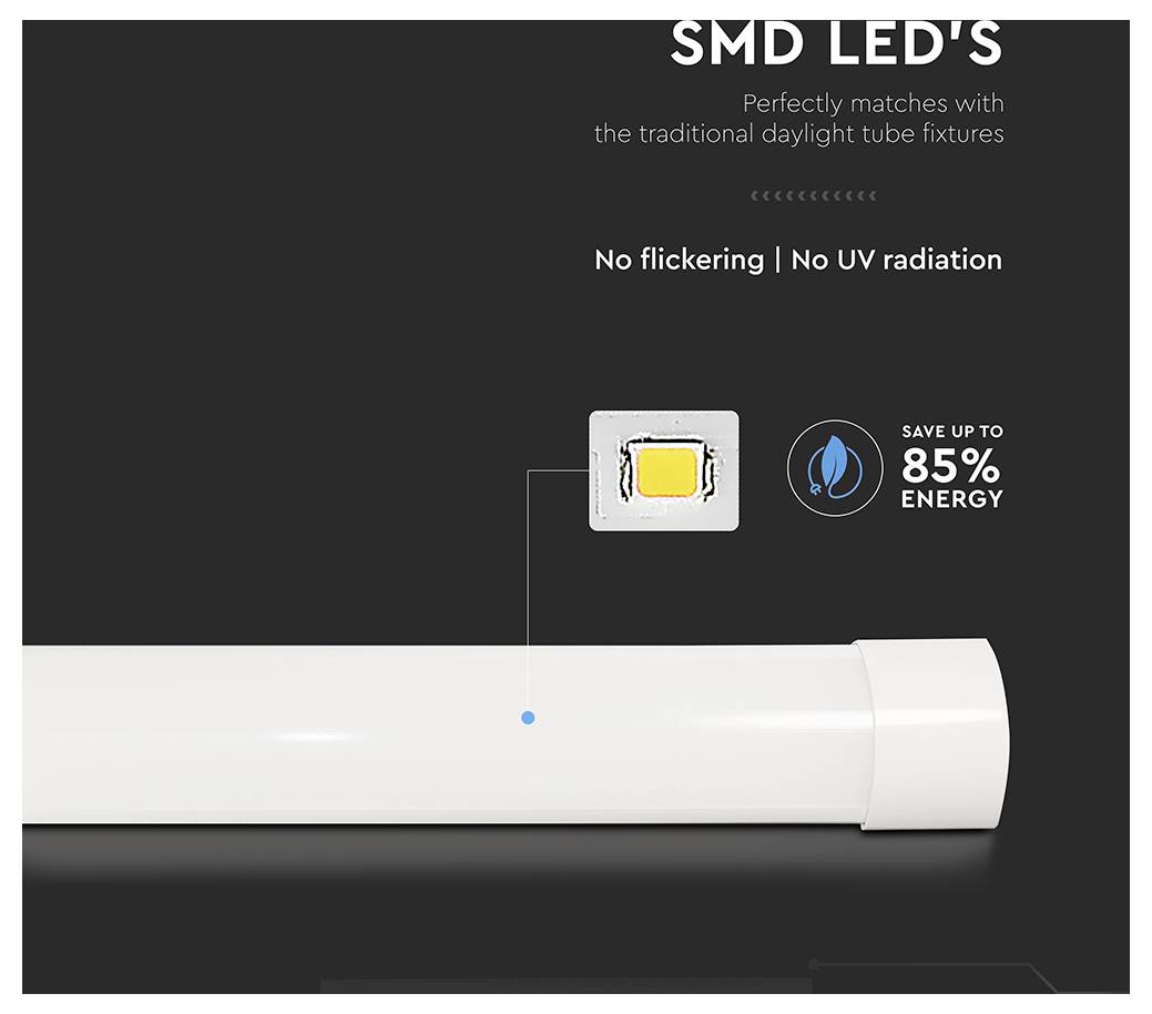 Nærbillede af et LED-rør med tekst: 'SMD-LED'er, passer perfekt til traditionelle dagslysrørarmaturer.' Funktioner omfatter ingen blænding, ingen UV-stråling og energibesparelser på op til 85%.