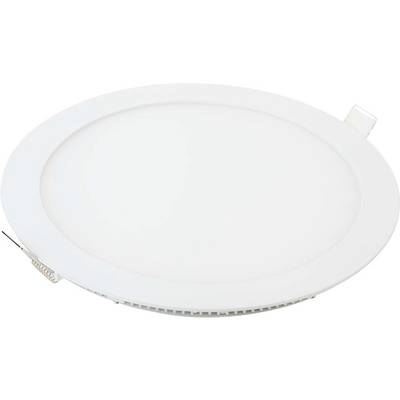 En rund, hvid LED-loftslampe med en glat, plan overflade og et minimalistisk design.