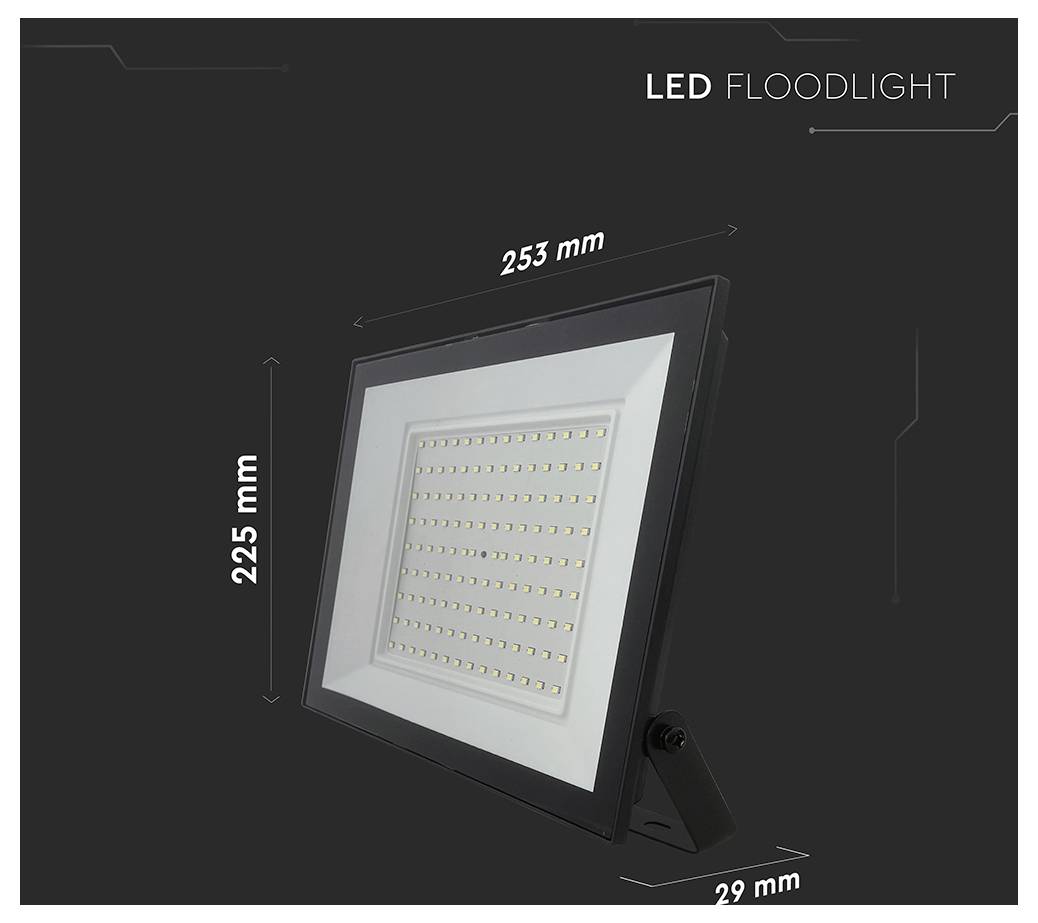 'LED-projektør dimensioner: 253 mm (bredde), 225 mm (højde), 29 mm (dybde).'
