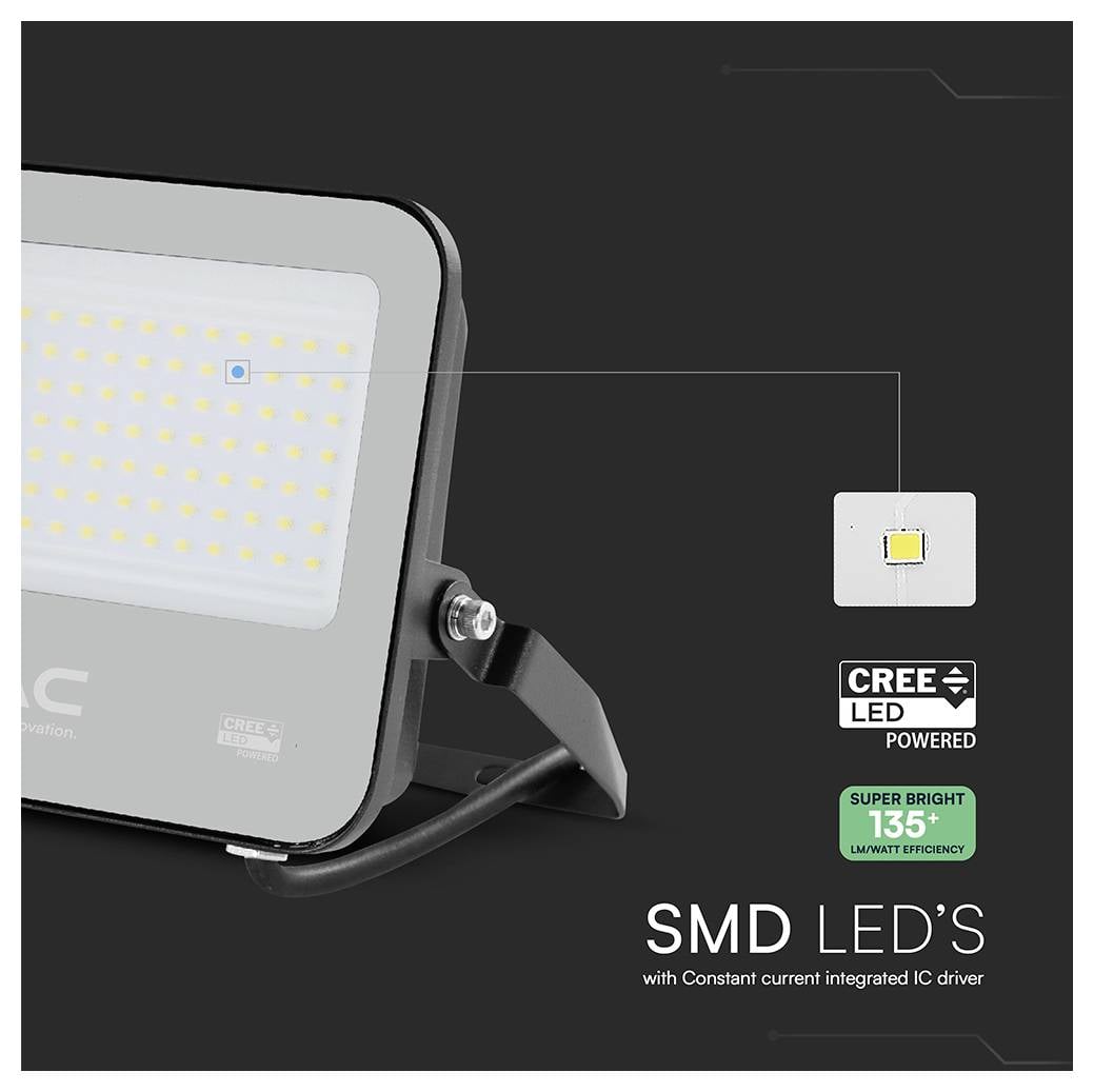 Et sort LED-projektørlys med flere små gule LED-chips er vist. Teksten lyder: "SMD LED'er med integreret IC-driver med konstant strøm."