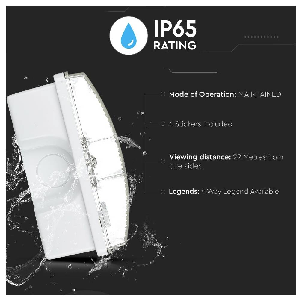 'IP65 Rating' etiket med et vanddruppel-grafik; fremhævninger inkluderer 'Driftsmåde: VEDVARENDE,' 4 klistermærker inkluderet, 22 meters synlighedsafstand, 4-vejs signaturforklaring tilgængelig.