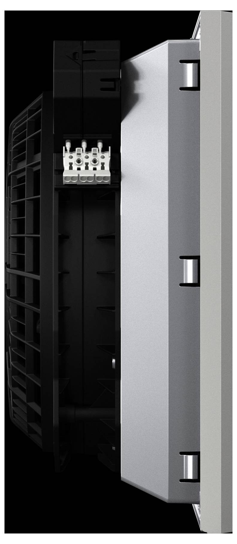 Et sideview af en moderne, sort og sølvfarvet elektronisk enhed med en struktureret design, hvor der er synlige stik og en ventileret sektion.