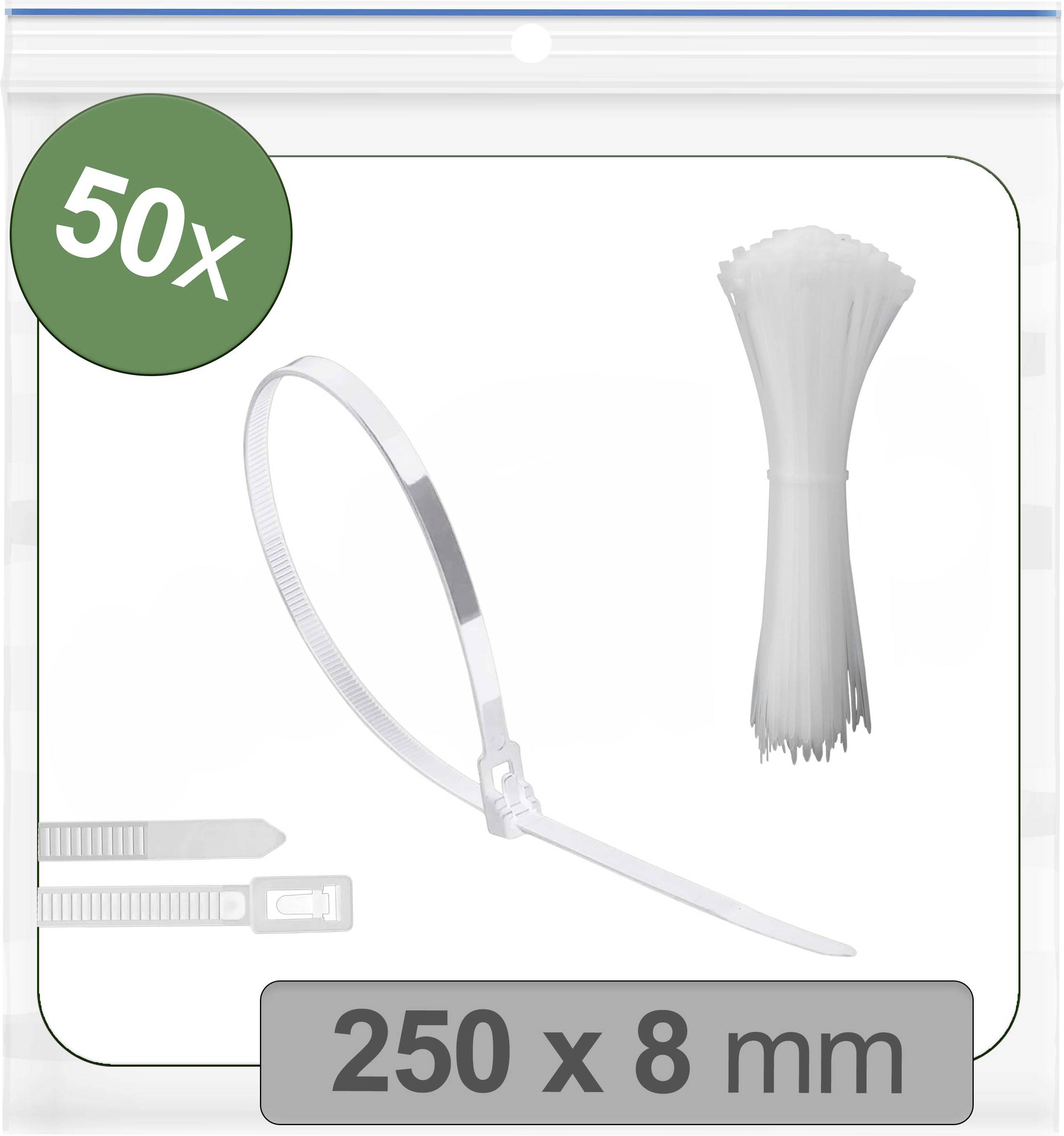 '50x 250 x 8 mm' hvide kabelstrips, én vist i en løkke, en anden samlet.