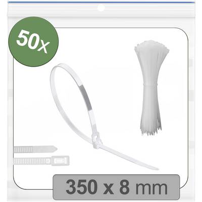 '50 stk. kabelstrips, 350 x 8 mm', vist i en forseglet plastpose med en samling hvide kabelstrips ved siden af.