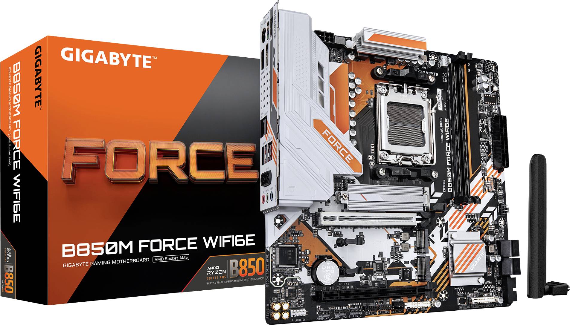 'GIGABYTE B650M FORCE WIFI6E bundkort' vist med sin æske. Funktionerne omfatter WiFi 6E-forbindelse og understøttelse af Ryzen-processor.