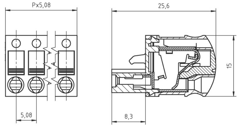 Teknisk tegning af en 3-pins stik med dimensioner: bredde 5,08 mm, længde 25,6 mm, højde 15 mm, og detaljeret indersigtview.