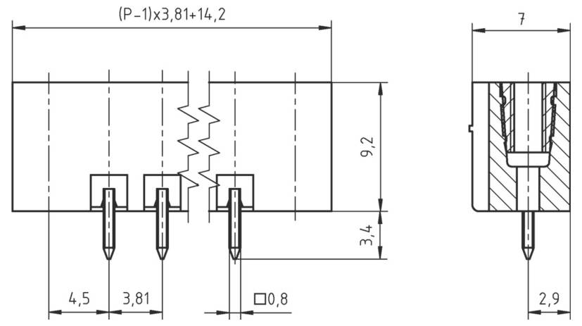 Teknisk diagram, der viser en elektronisk komponent med 3 ben med detaljerede mål: 9,2 mm højde, 4,5 mm og 3,81 mm bredder, 0,8 mm bentykkelse.