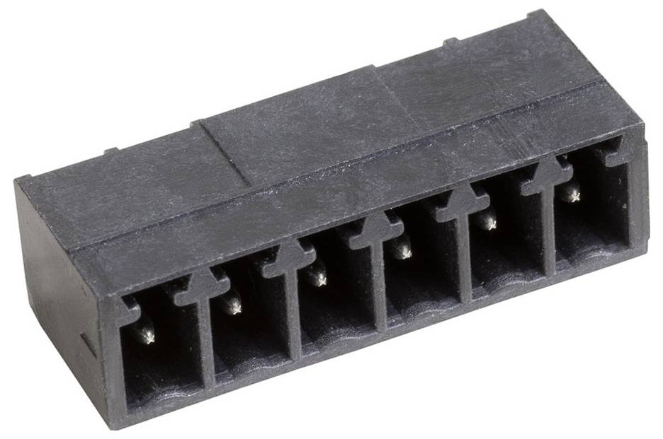 En nærbillede af en sort 8-pins hunneblok til elektroniske kredsløbsforbindelser, der viser dens rektangulære form og pinslots.