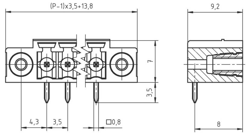 Teknisk tegning af en stik, der viser dimensioner: bredde 9,2 mm, højde 7 mm. Inkluderer mærkede afstande mellem ben og monteringshul.