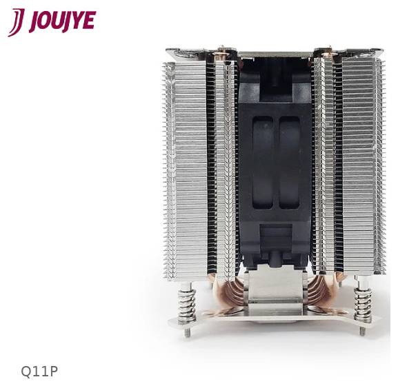 En metalisk CPU-køler med dobbelte stablede finnearray'er og kobber-heatpipes på et monteringsbeslag, mærket 'Q11P'.