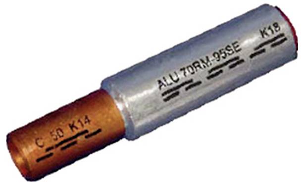 Kobber og aluminium eksplosiv svejset samling med mærkede dele 'C 50 K14' og 'ALU 70DRM 39SE K18'.