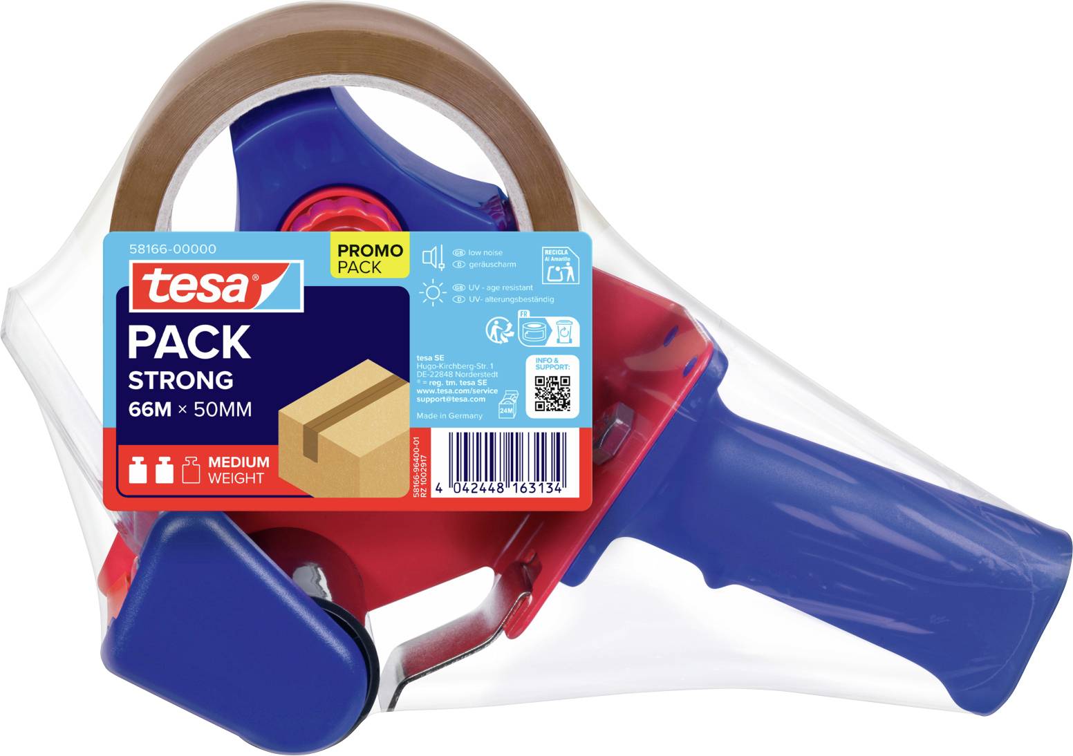 Pakket tesa pakketape-dispenser med blå og rød håndholdt pistol, brun taperulle og etiket, der læser "PACK STRONG 66M x 50MM".