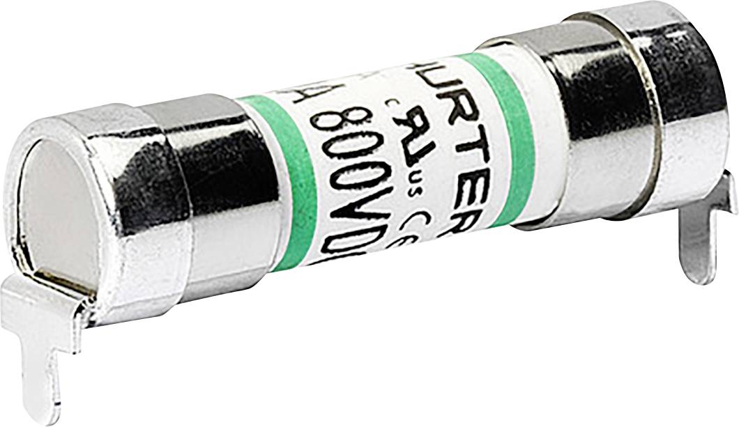 En cylindrisk elektronisk sikring med sølvfarvede endekapper og en mærket krop, der viser '800V'. Bruges til at beskytte kredsløb mod overstrøm.