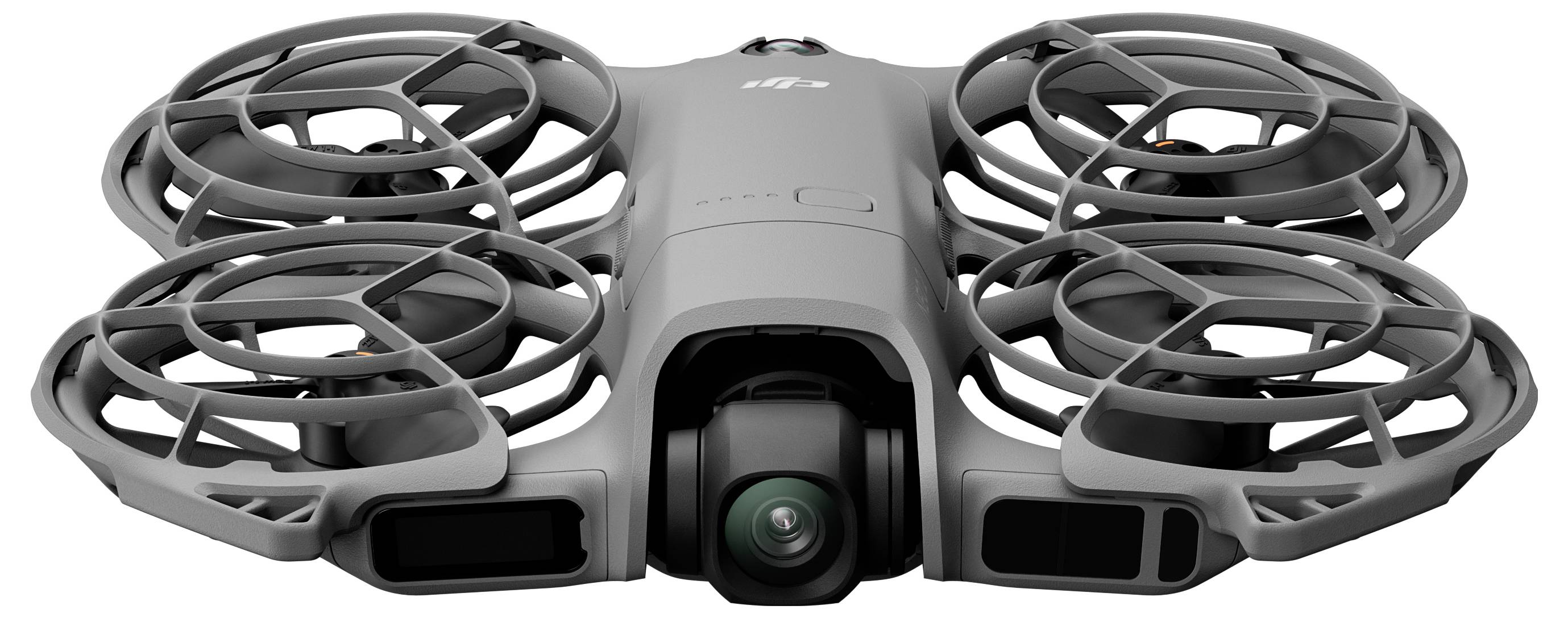 En kompakt grå drone med fire lukkede rotorer og et centralt kamera vendt fremad.