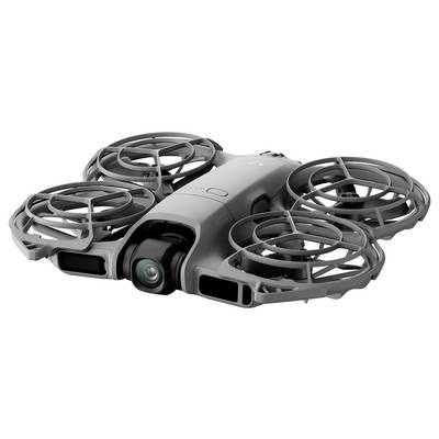 En kompakt, grå drone med fire cirkulære propelbeskyttere og et centralt kamera, designet til luftfotografering og videooptagelse.