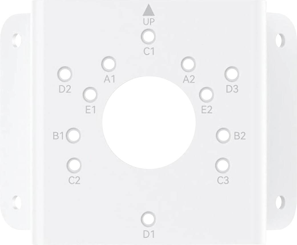 'Vægbeslag med mærkede huller til ledningsføring: A1, A2, B1, B2, C1, C2, D1, D2, D3, E1, E2. Pil angiver OPAD.'