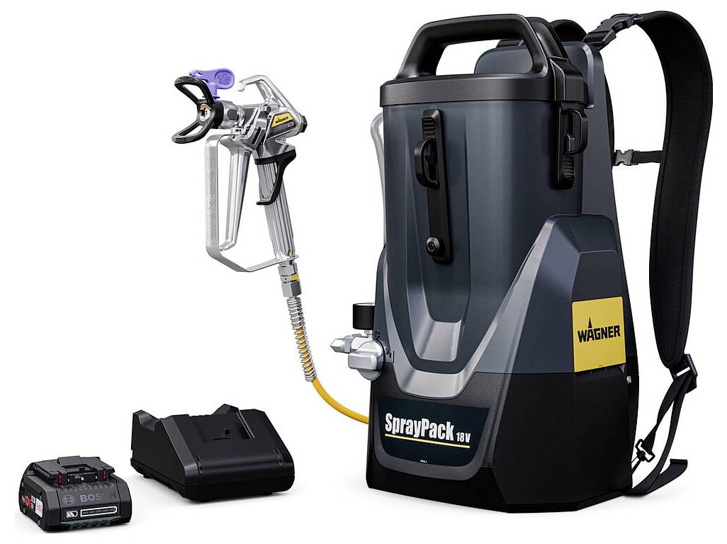 'Wagner SprayPack 18V' rygsæk-malingsprøjte med sprøjtepistol, batteri og oplader. Sort og gul design, velegnet til mobil brug.