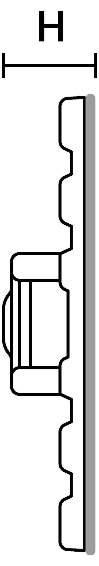 Et diagram viser en sidevisning af en mekanisk del med den mærkede dimension 'H', der angiver højden, og som har en knop og rilleformede fordybninger på den ene side.