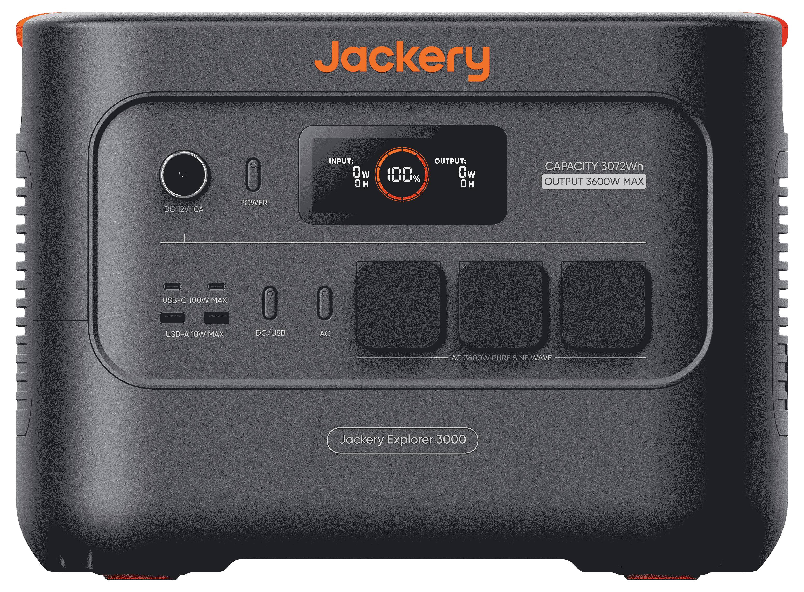 Bærbar powerstation med input/output-display, der viser en kapacitet på 3024Wh og maks. udgang på 3600W; mærket 'Jackery Explorer 3000'.