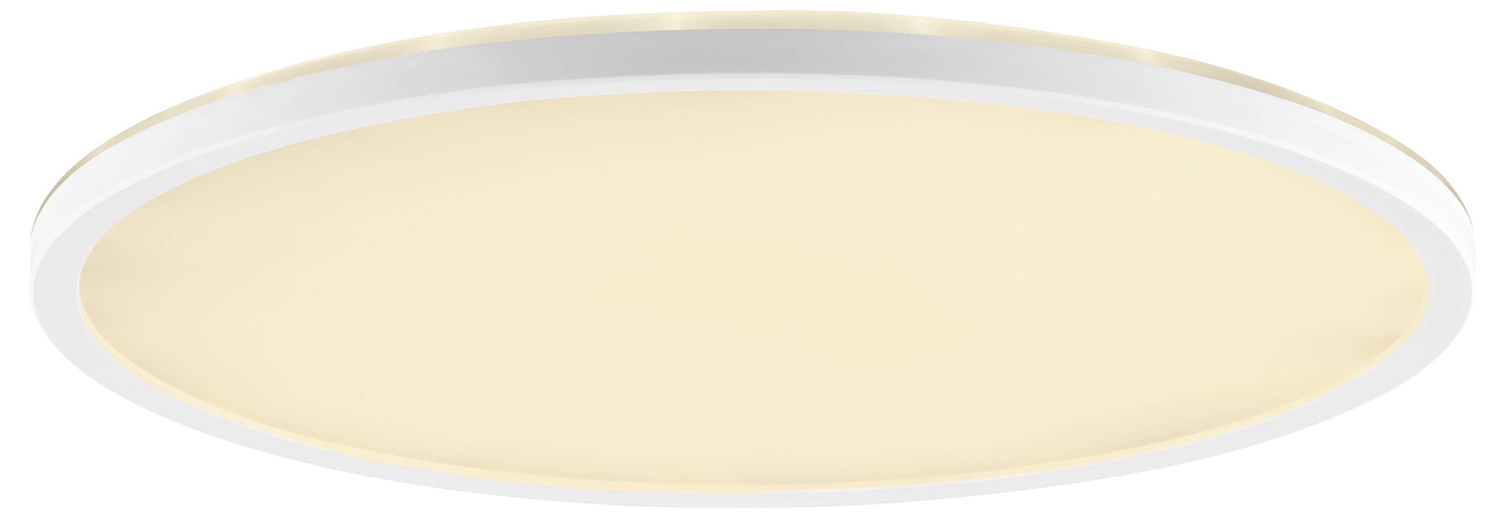 En cirkulær, indbygnings-LED-loftslampe med hvid ramme og blød, varm glød.