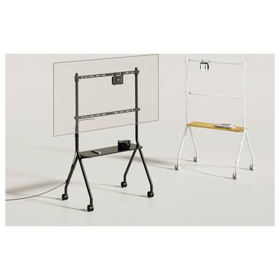 To mobile whiteboard-stative på hjul, et sort med monitorbeslag og hylde, et hvidt med markørbakke og bøger.