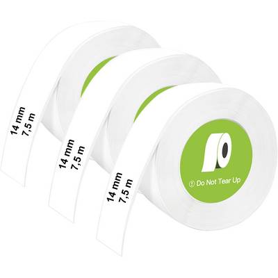 "Må ikke rives itu" mærkater på tre ruller hvid tape, hver måler 14 mm x 7,5 m, med grønne cirkulære centre.