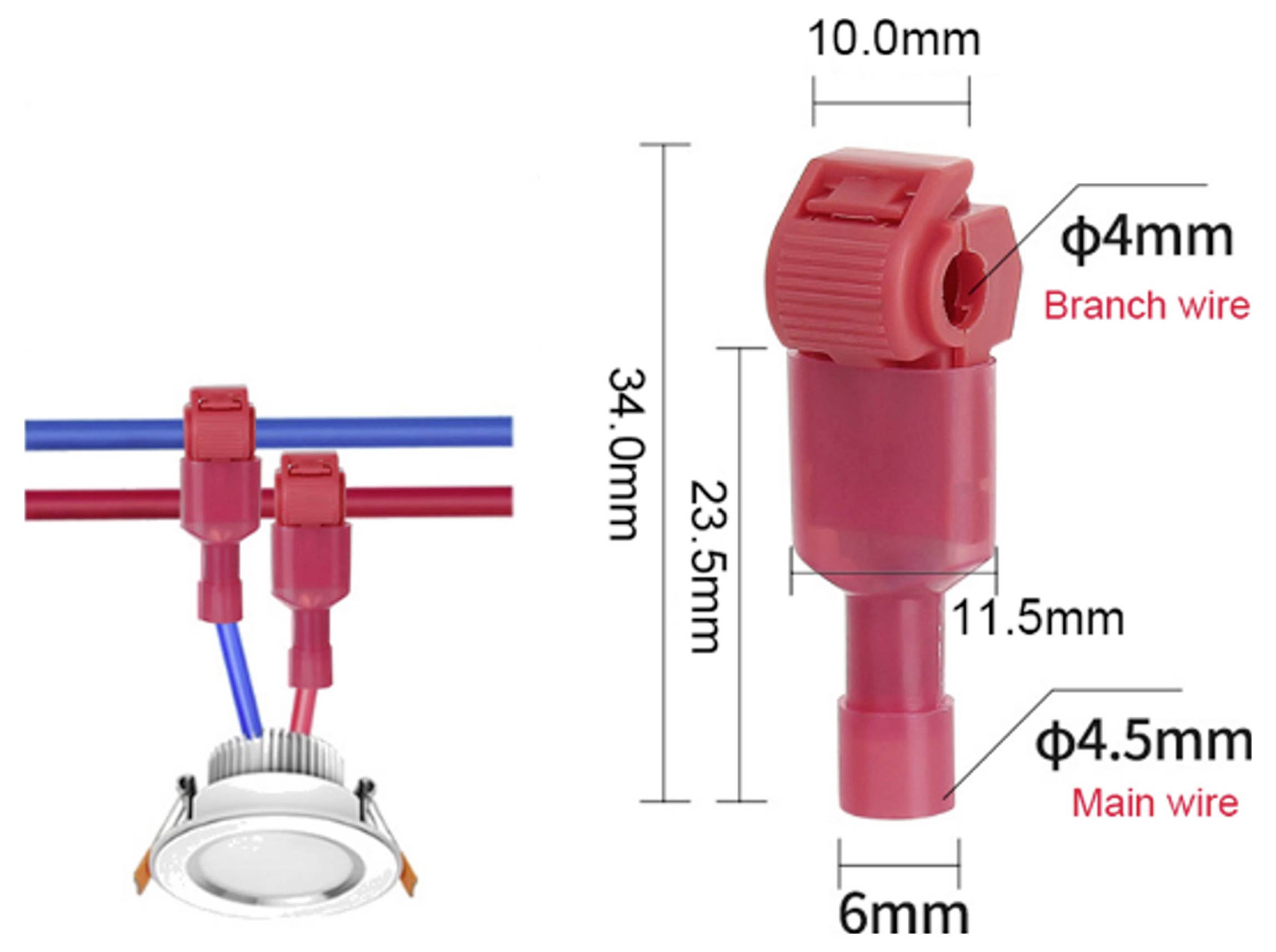 'Rød krimptilslutning' diagram viser en tilsluttet elektrisk ledning med mærkede dimensioner: 34,0 mm højde, 10,0 mm bredde.