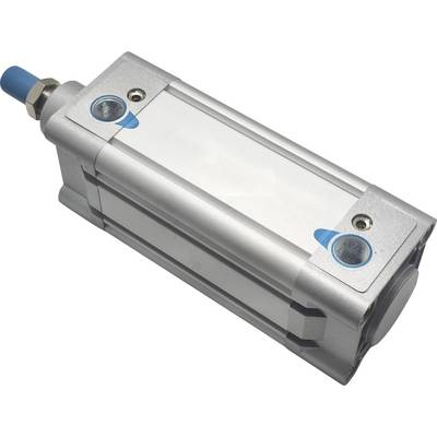 En sølvfarvet pneumatisk aktuator med blå detaljer, med cylindrisk design og synlige ventiler, brugt i industrielt maskineri.