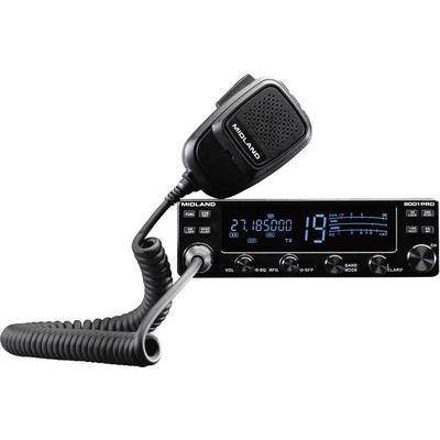 En CB-radio med en mikrofonkabel tilsluttet, der viser frekvensen '27.18500' og kanal '19'.