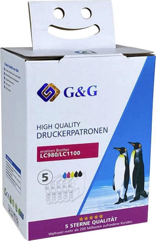 Æske med G&G printpatroner, der viser pingviner, logoer og teksten 'HIGH QUALITY DRUCKERPATRONEN', kompatibel med Brother-modeller.