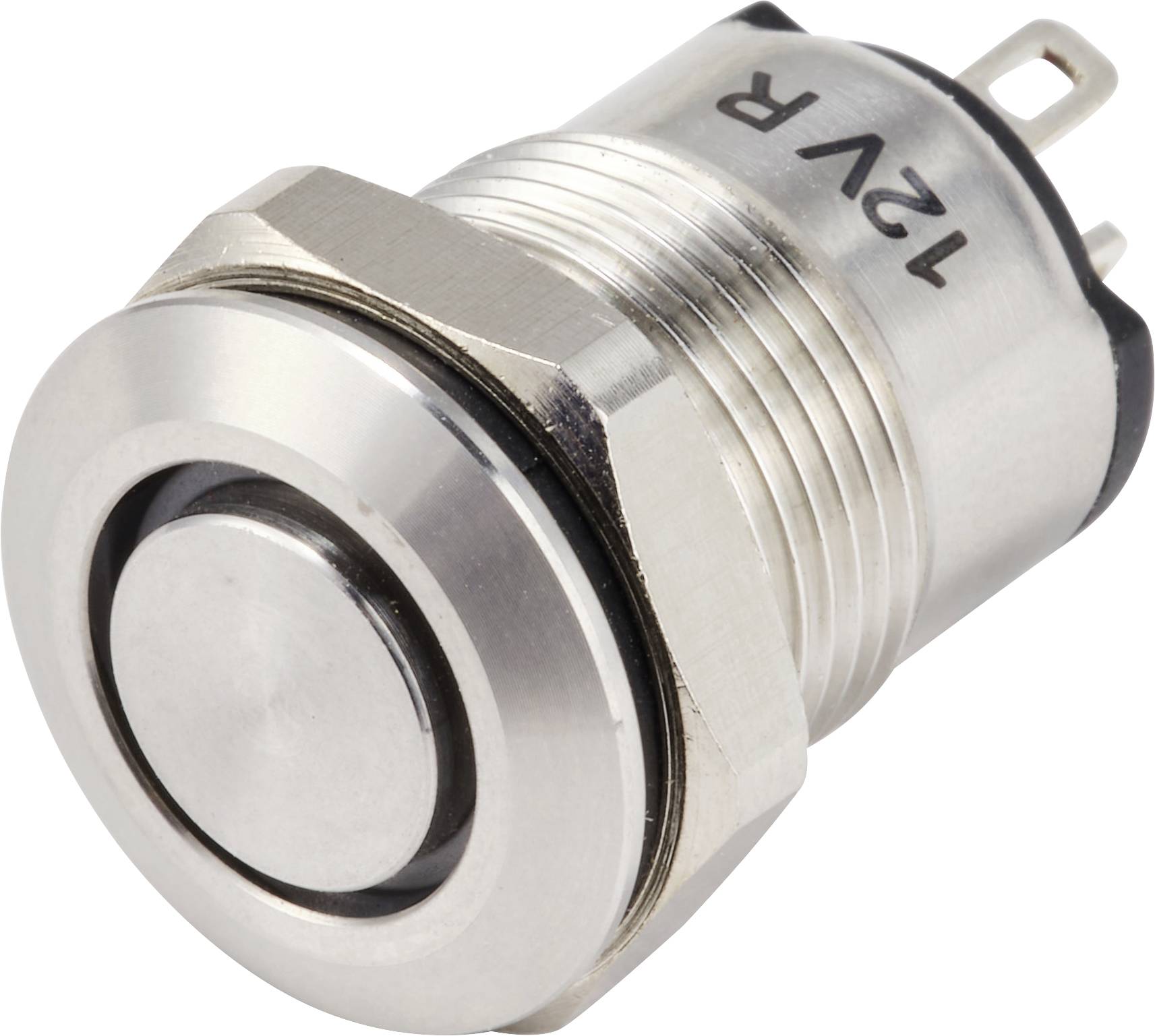 Metal trykknap med en sort ring og '12V' mærkat, designet til elektriske eller automobilapplikationer.