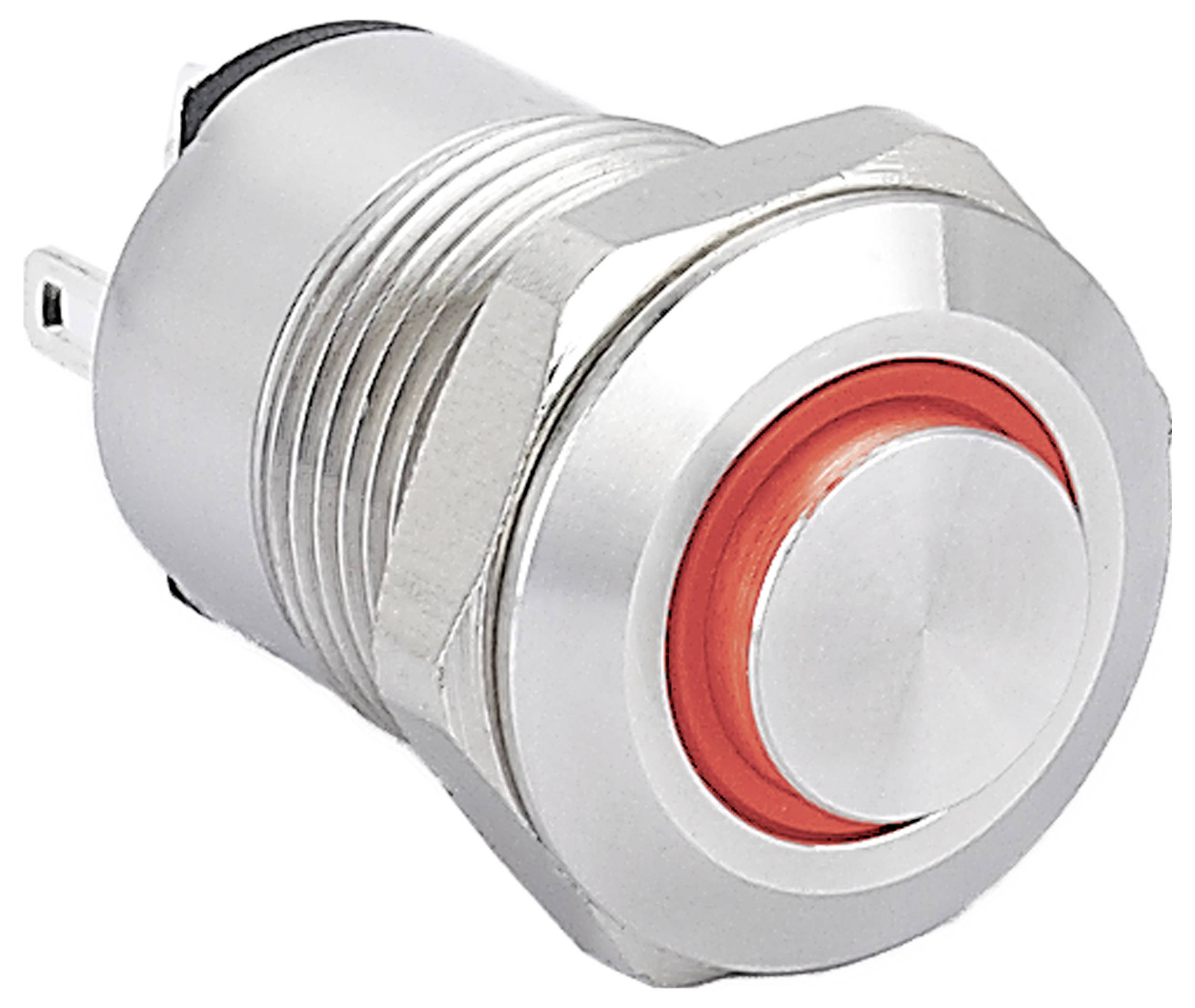 En metalpuslommeknap med etiketten "12V", som har tre stiftforbindelser og en sort plastikbase.