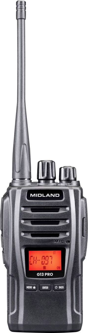 En sort håndholdt walkie-talkie med en lang antenne og en digital skærm, der viser 'CH-09'. Den har flere kontroldreje.